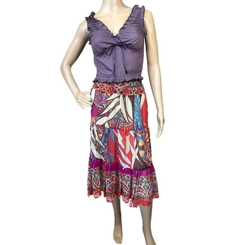 Cache BOHO Tiered Gypsy Festival Colorful Beaded Smock Waist Midi Skirt SZ Large
